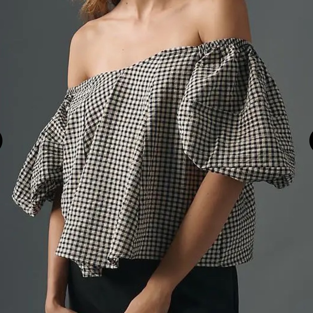 Anthropologie Black & White Gingham Puff-Sleeve Top